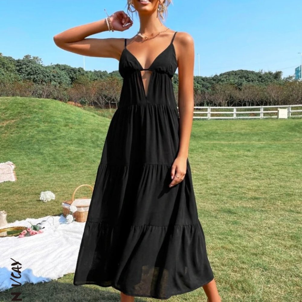 SHEIN VCAY Cut Out Front Ruffle Hem Cami Dress